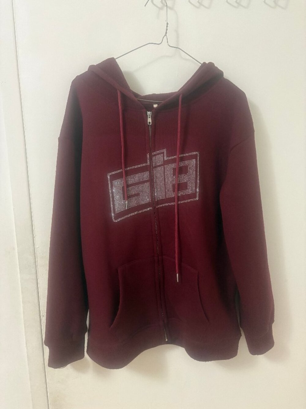 Women’s Maroon Zip Hoodie with Rhinestone Logo